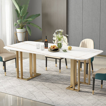 55.1" White Dining Table with Rectangular Stone Top & Metal Frame